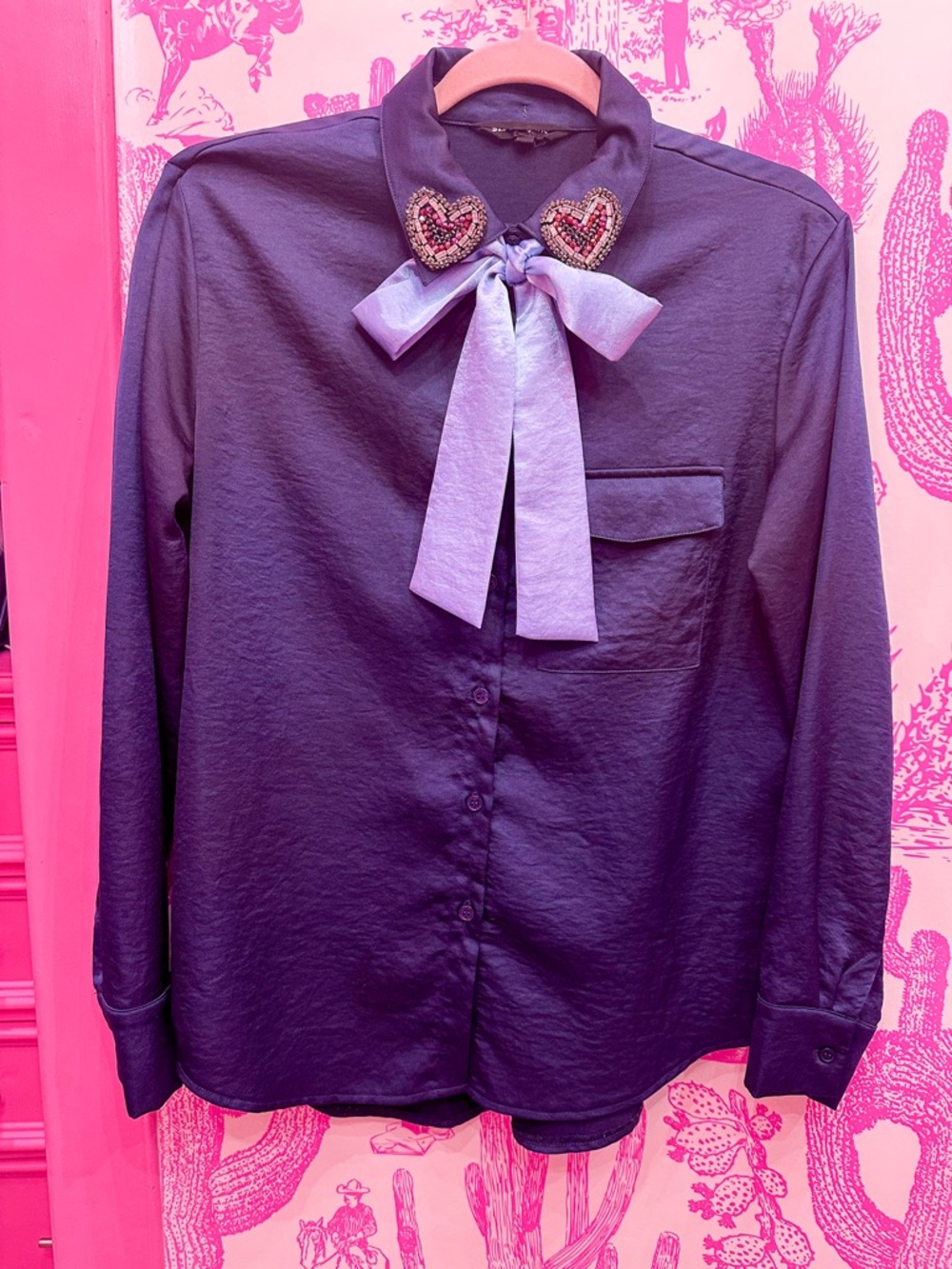 Sister Jane Navy Satin Blouse with Beaded Heart Appliqués and Light Blue Bow
